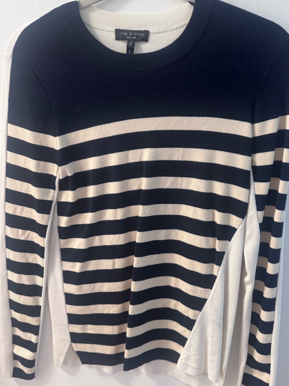 rag & bone Black and Cream Striped Crew Sweater with Side Panels